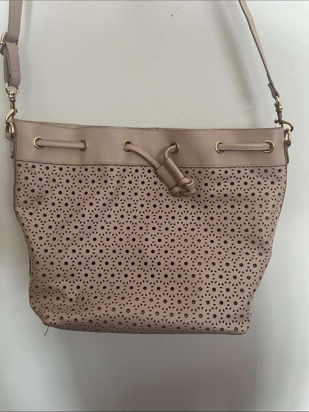 Perforated Drawstring Shoulder Bag - Blush Pink